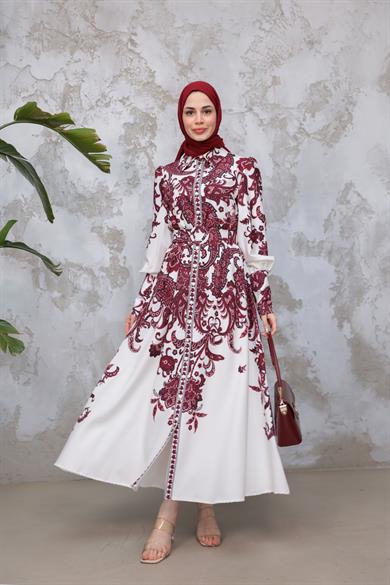 Eftelya Elbise - Vişne-Ekru