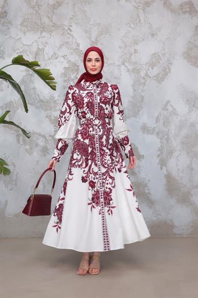 Eftelya Elbise - Vişne-Ekru