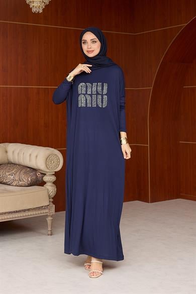 Merve Taş Baskı Elbise - Lacivert