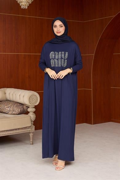 Merve Taş Baskı Elbise - Lacivert