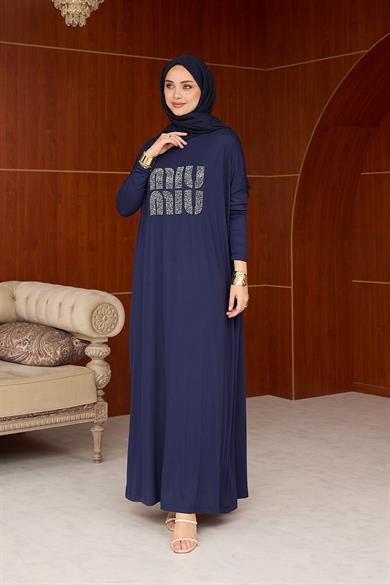 Merve Taş Baskı Elbise - Lacivert