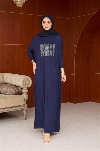 Merve Taş Baskı Elbise - Lacivert