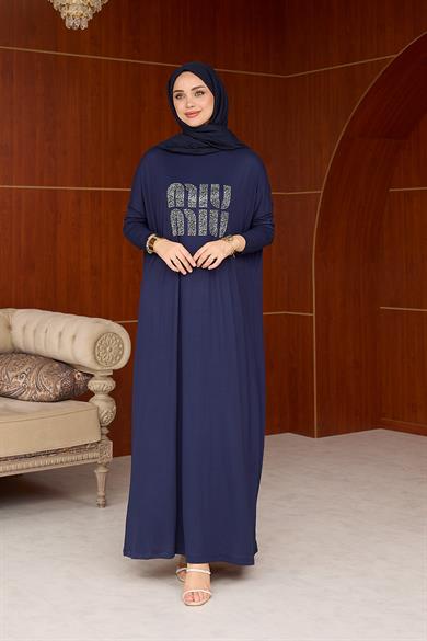 Merve Taş Baskı Elbise - Lacivert
