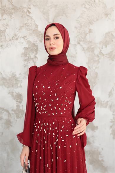 Mihri Taş İşleme Abiye - Bordo