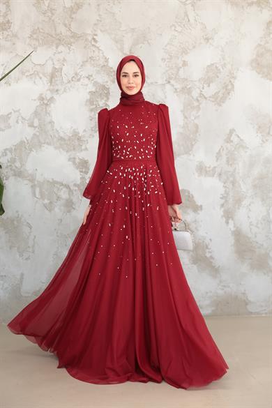 Mihri Taş İşleme Abiye - Bordo