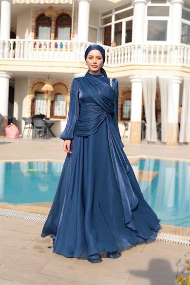 Mimoza Taş Detay Abiye - Lacivert