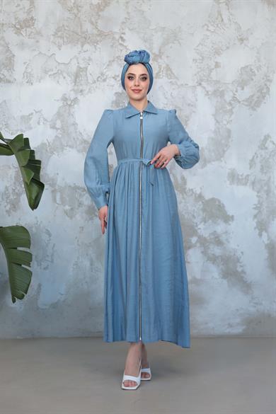 Mine Fermuar Elbise - Bebe Mavi