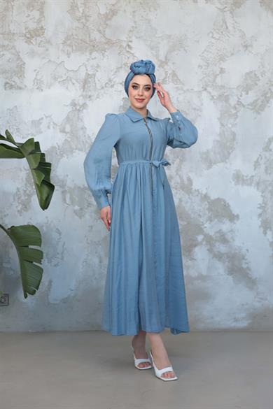 Mine Fermuar Elbise - Bebe Mavi