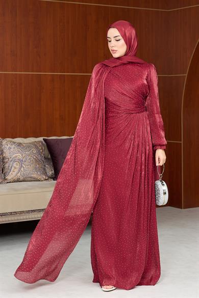 Nergis Pelerin Detay Taş Baskılı Abiye - Bordo