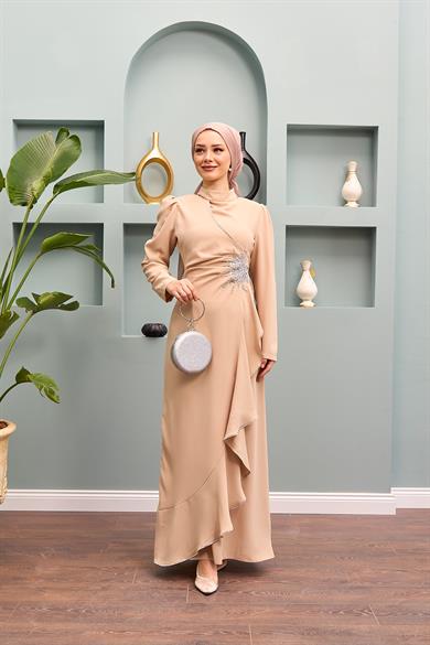 Nesibe Stone Patterned Evening Dress - Beige