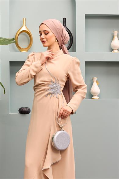 Nesibe Stone Patterned Evening Dress - Beige