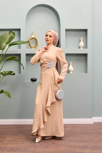 Nesibe Stone Patterned Evening Dress - Beige