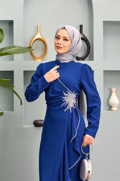 Nesibe Stone Patterned Evening Dress - Navy Blue