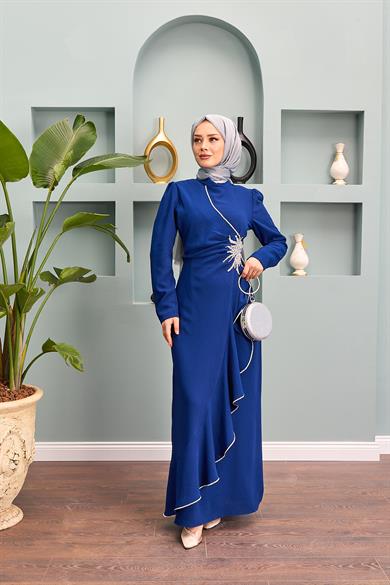 Nesibe Stone Patterned Evening Dress - Navy Blue