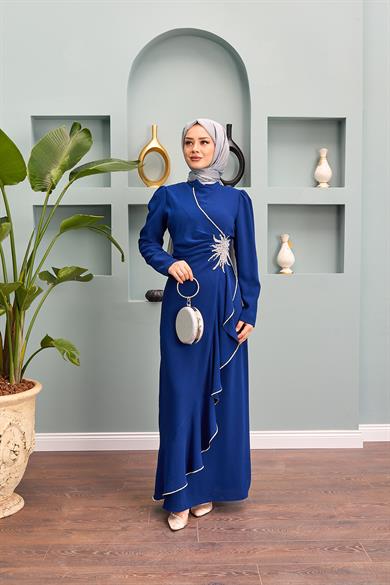 Nesibe Stone Patterned Evening Dress - Navy Blue