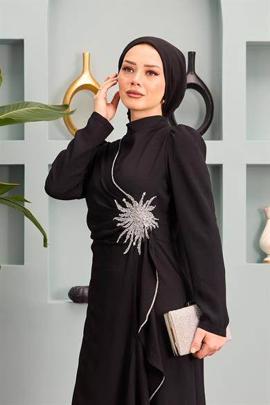 Nesibe Stone Patterned Evening Dress - Black