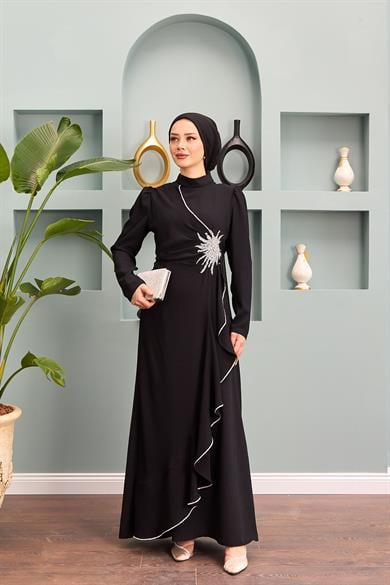 Nesibe Stone Patterned Evening Dress - Black