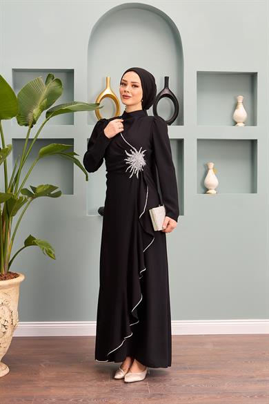 Nesibe Stone Patterned Evening Dress - Black