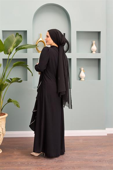 Nesibe Stone Patterned Evening Dress - Black