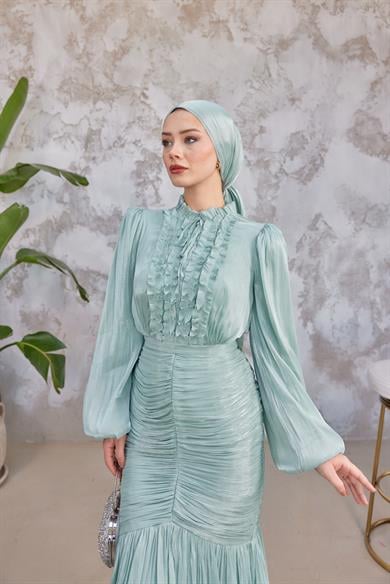 Neva Tesettür Abiye - Mint Yeşil