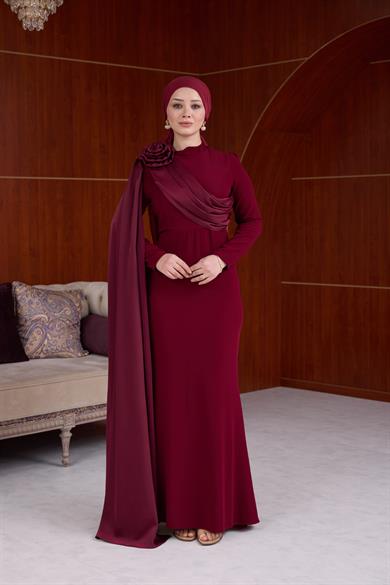 Nihan Omuzu Saten Gül Detaylı Abiye - Bordo