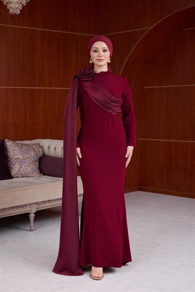 Nihan Omuzu Saten Gül Detaylı Abiye - Bordo