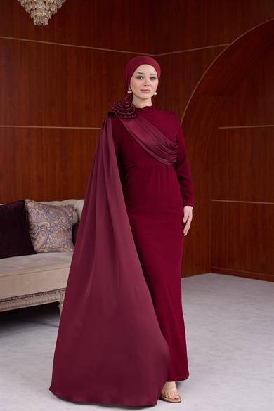 Nihan Omuzu Saten Gül Detaylı Abiye - Bordo