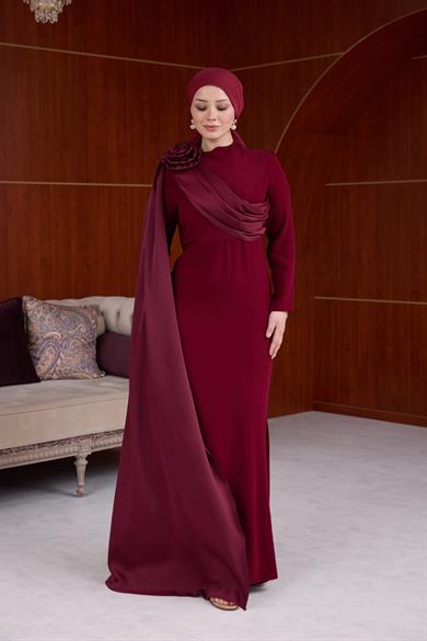 Nihan Omuzu Saten Gül Detaylı Abiye - Bordo