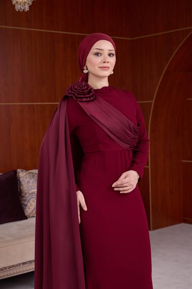 Nihan Omuzu Saten Gül Detaylı Abiye - Bordo