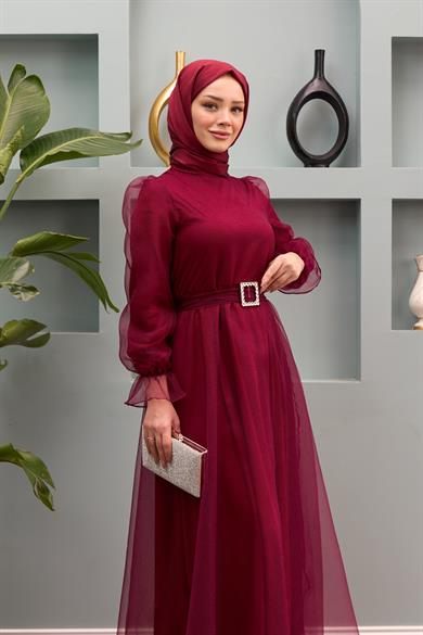 Nilüfer Stone Belted Evening Dress - Claret Red