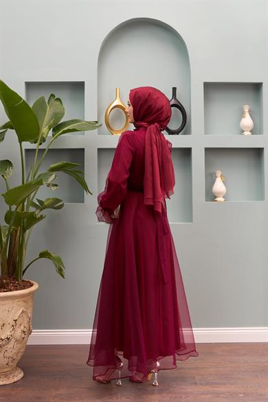 Nilüfer Stone Belted Evening Dress - Claret Red