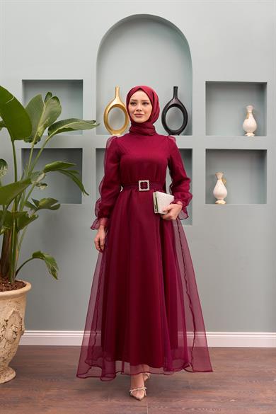 Nilüfer Stone Belted Evening Dress - Claret Red
