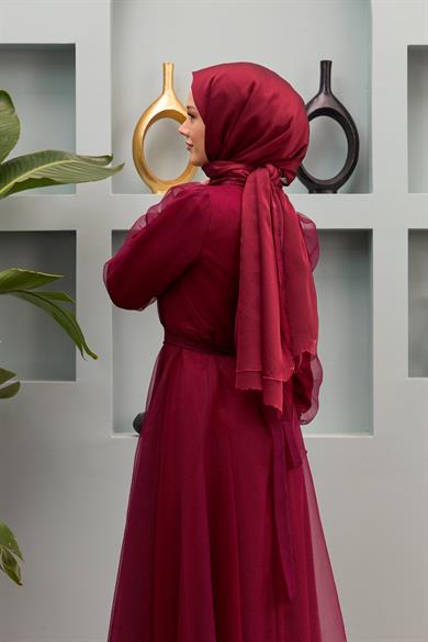 Nilüfer Stone Belted Evening Dress - Claret Red