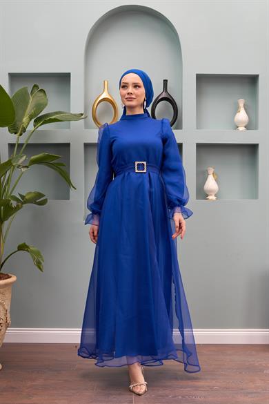 Nilüfer Stone Belted Evening Dress - Saks Blue