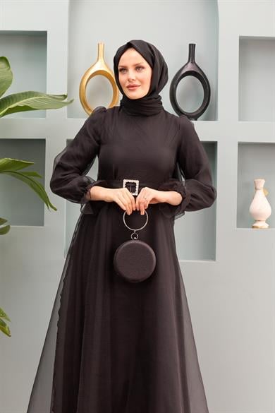 Nilüfer Stone Belted Evening Dress - Black