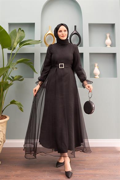 Nilüfer Stone Belted Evening Dress - Black