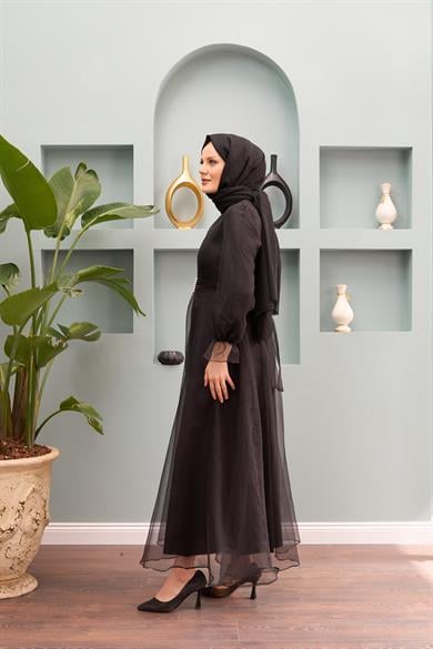 Nilüfer Stone Belted Evening Dress - Black