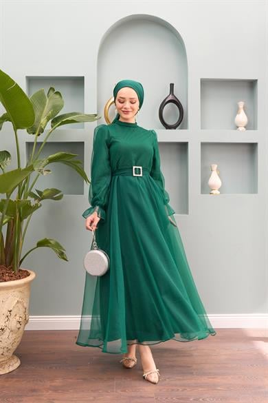 Nilüfer Stone Belted Evening Dress - Emerald Green