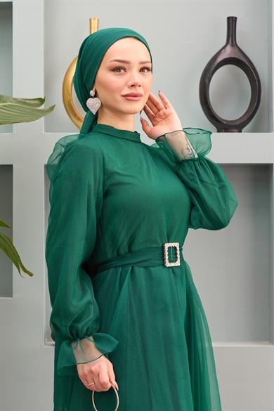 Nilüfer Stone Belted Evening Dress - Emerald Green