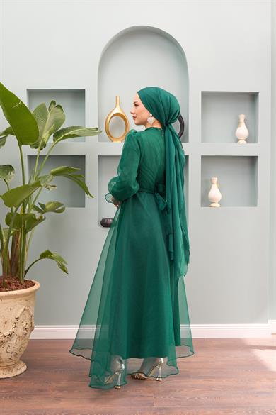 Nilüfer Stone Belted Evening Dress - Emerald Green