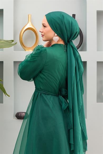 Nilüfer Stone Belted Evening Dress - Emerald Green