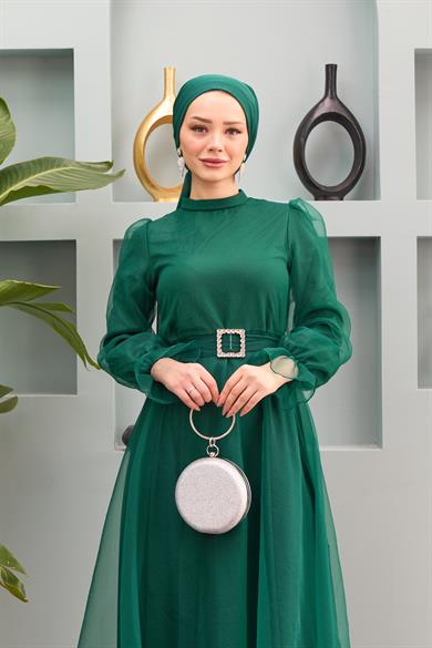 Nilüfer Stone Belted Evening Dress - Emerald Green