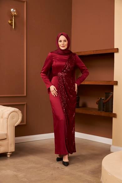 Nuray Satin Evening Dress - Claret Red