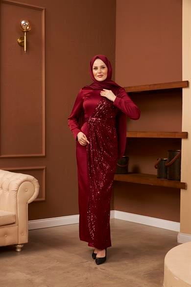 Nuray Satin Evening Dress - Claret Red
