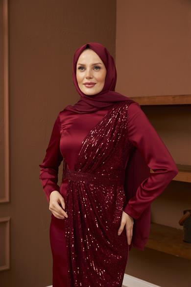 Nuray Satin Evening Dress - Claret Red