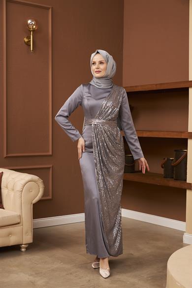 Nuray Satin Evening Dress - Gray