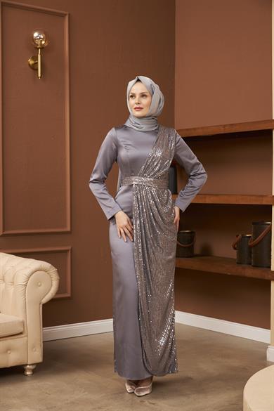 Nuray Satin Evening Dress - Gray