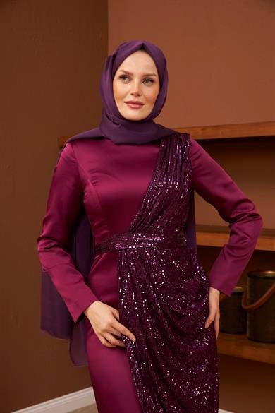 Nuray Satin Evening Dress - Purple
