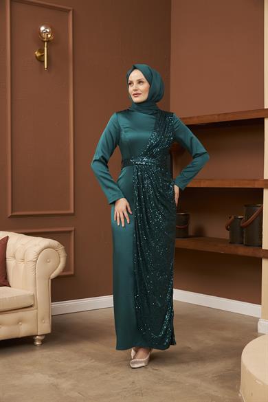 Nuray Satin Evening Dress - Emerald Green