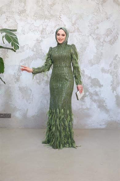 Özel Tasarım Tüy Detay Abiye - Haki